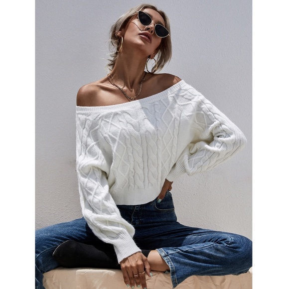 Rouge! Sweaters - Scoop Neck White Cable Knit Crop Sweater